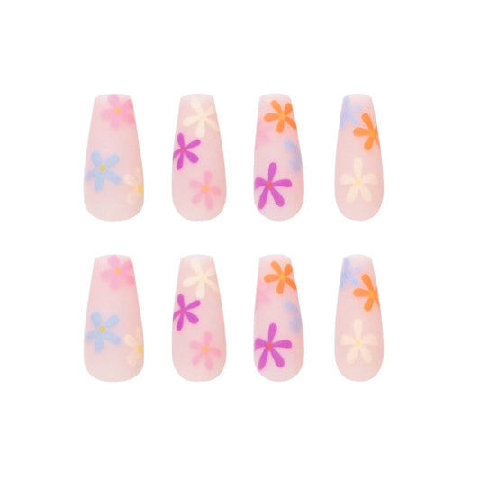 Long Coffin Press On Nails Pastel Floral Fake Nails 24Pcs