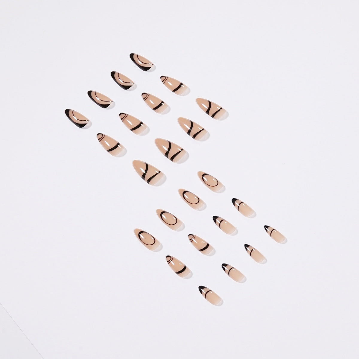 Pointed Almond Press On Nails Black Abstract Line 24Pcs