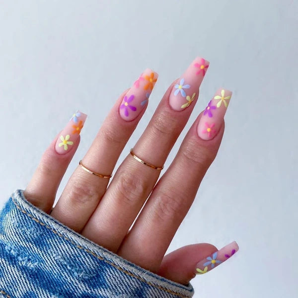 Long Coffin Press On Nails Pastel Floral Fake Nails 24Pcs